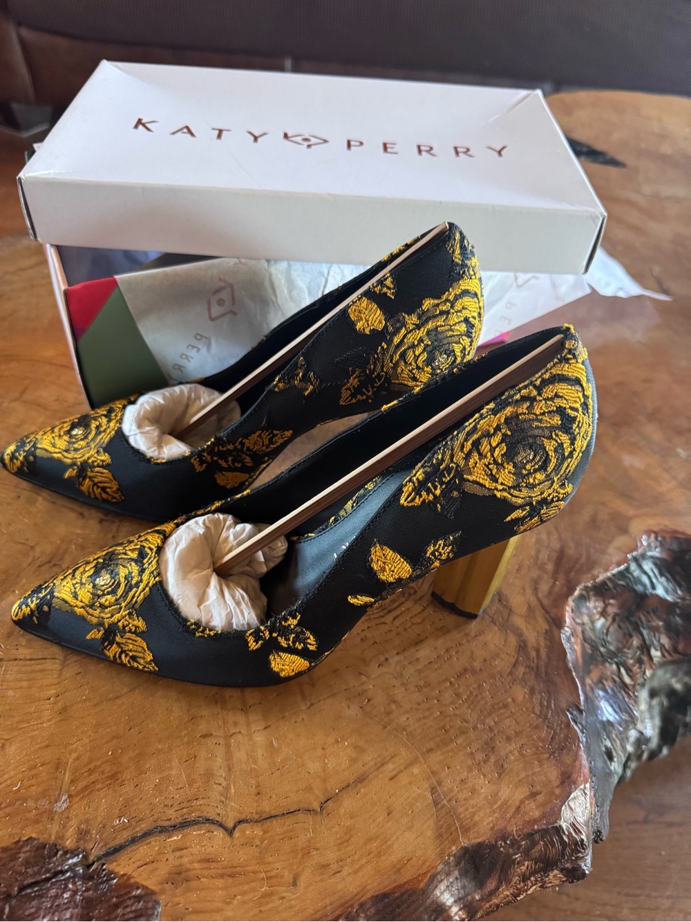 Katy Perry Collections Black and Gold Floral Brocade Heels